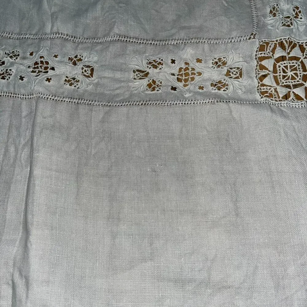 White Linen Tablecloth 49 x 52 in Delicate Cutwork & Hand-Done Drawnwork